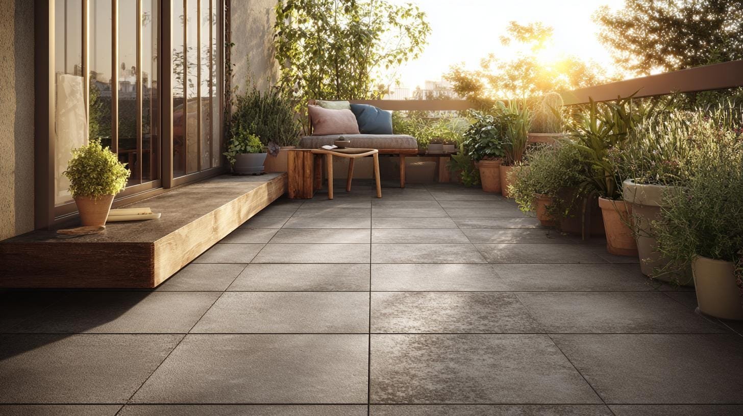 A narrow balcony with compact outdoor seating, deck tiles and potted leafy plants