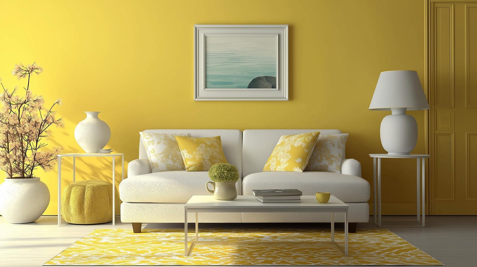 A rental living room refreshed with a large rug, freestanding furniture and colourful cushions