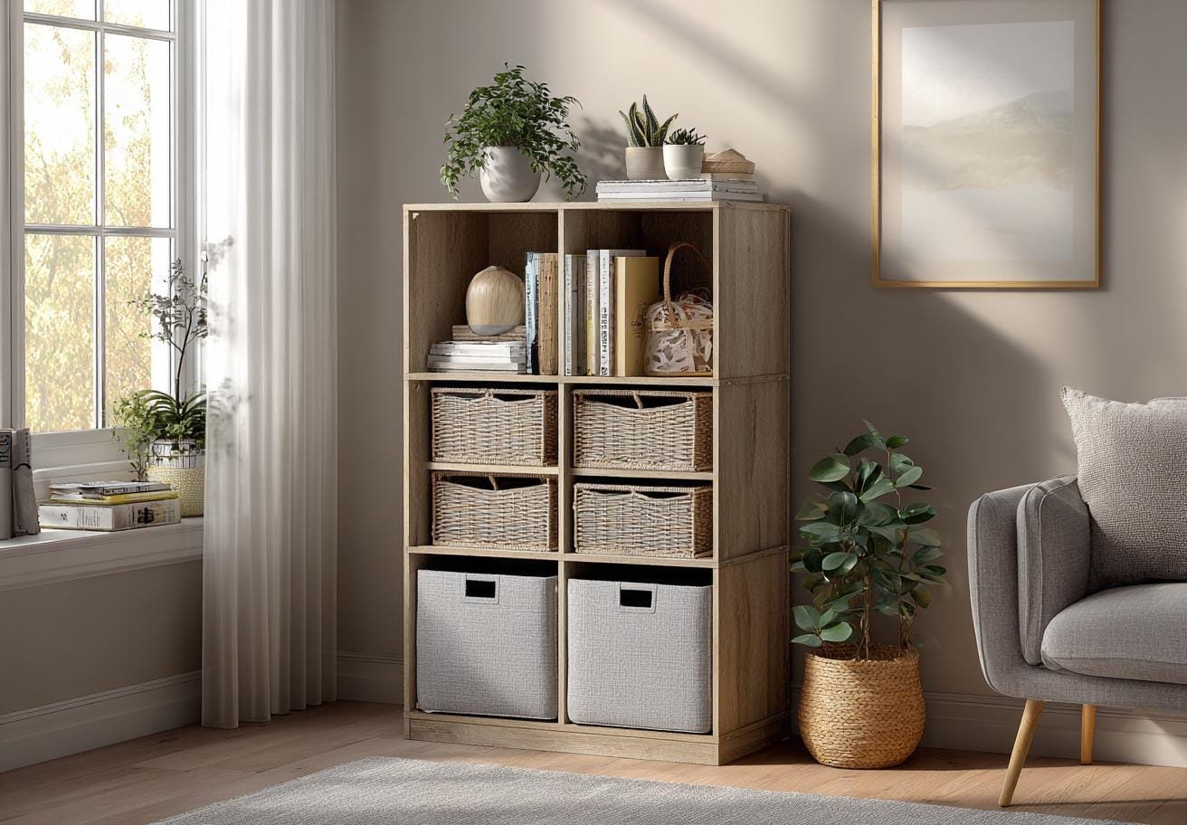 A tall modular bookshelf combining open shelves with wicker storage baskets