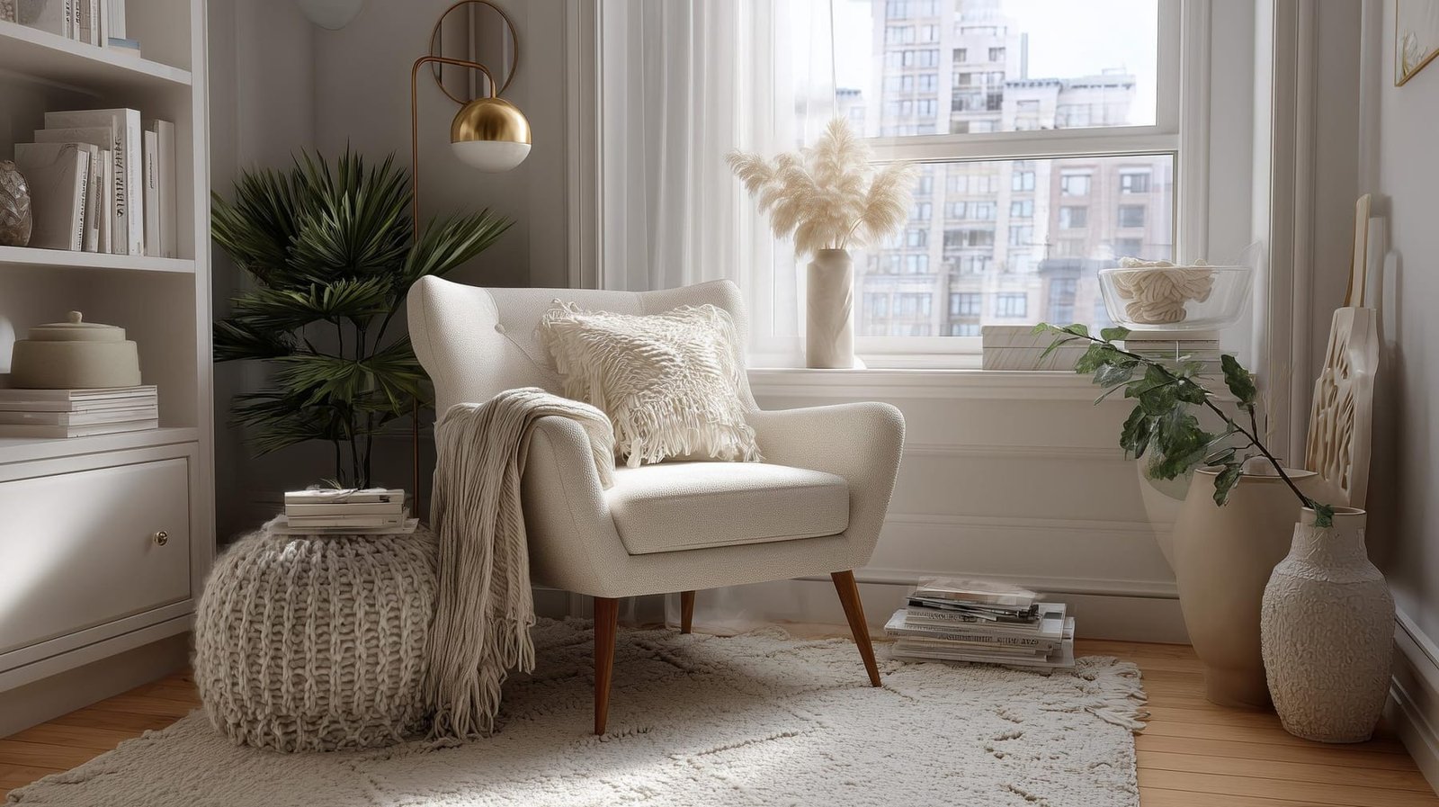 A polished living room corner with an armchair, floor lamp, artwork and full-length curtain